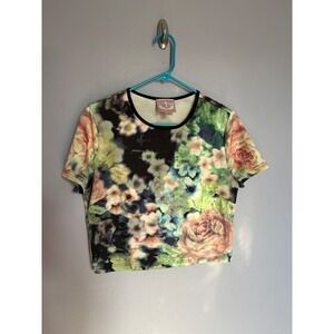 Romeo & Juliet Couture Floral Crop Top Short Sleeve Crew Neck Multi-Color Size M